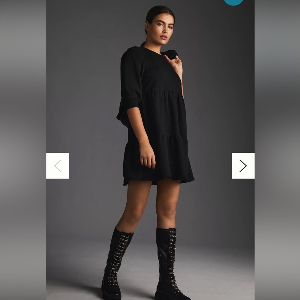 ANTHROPOLOGIE T.LA WOMEN'S BLACK PUFF SHORT SLEEVE dress casual tiered fall L